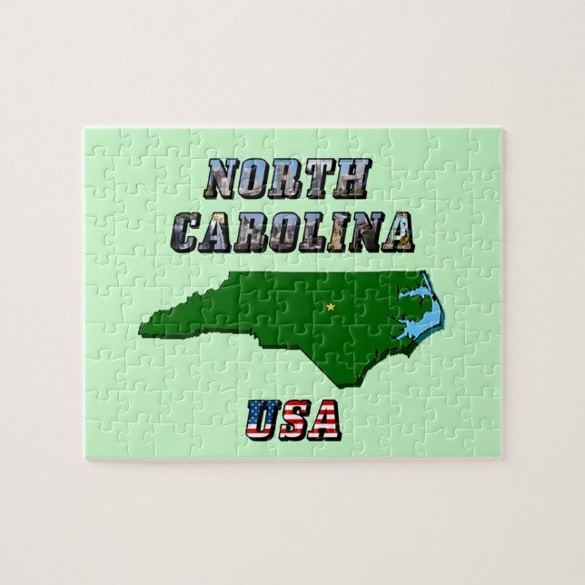 North Carolina Karta, kontur, foto och US Flagga T Pussel (Horisontell)