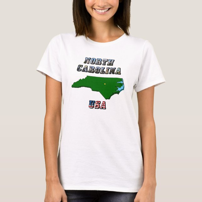 North Carolina Karta, kontur, foto och US Flagga T Tee (Framsida)