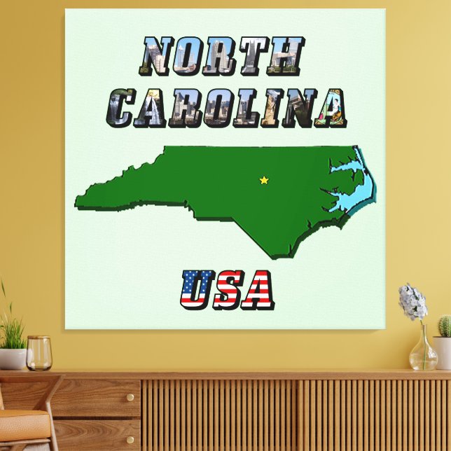 North Carolina kartöversikt, foto & amerikansk fla Canvastryck (Insitu (Vardagsrum))