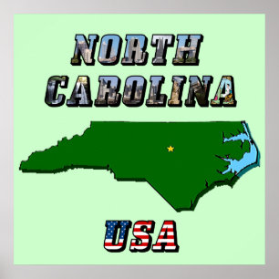 North Carolina kartöversikt, foto & amerikansk fla Poster