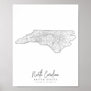 North Carolina Minimal Street Karta Poster