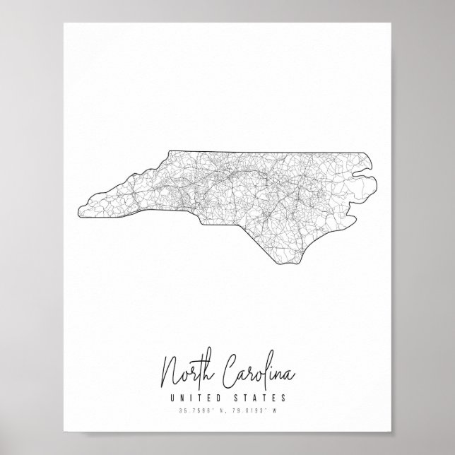 North Carolina Minimal Street Karta Poster (Framsidan)