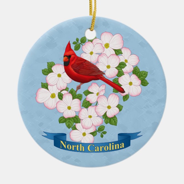North Carolina State Cardinal Bird Dogwood Flower Julgransprydnad Keramik (Framsidan)