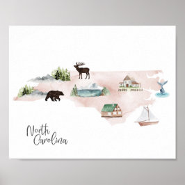 North Carolina Wanderlyst Landmarks Karta Poster