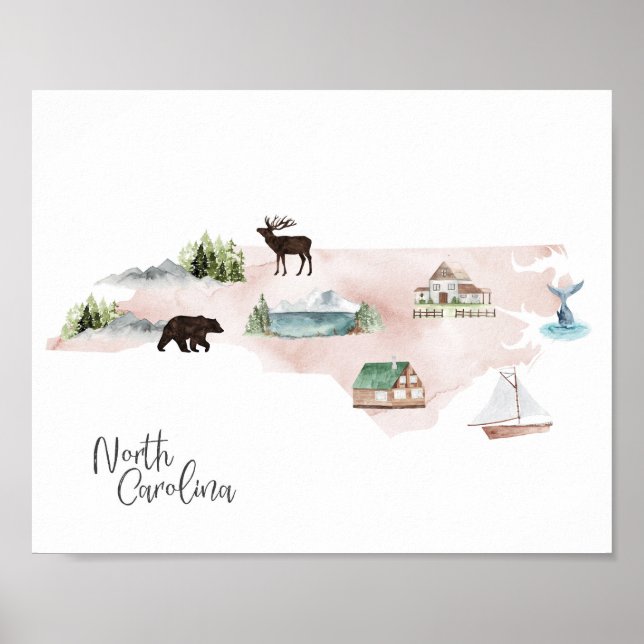 North Carolina Wanderlyst Landmarks Karta Poster (Framsidan)