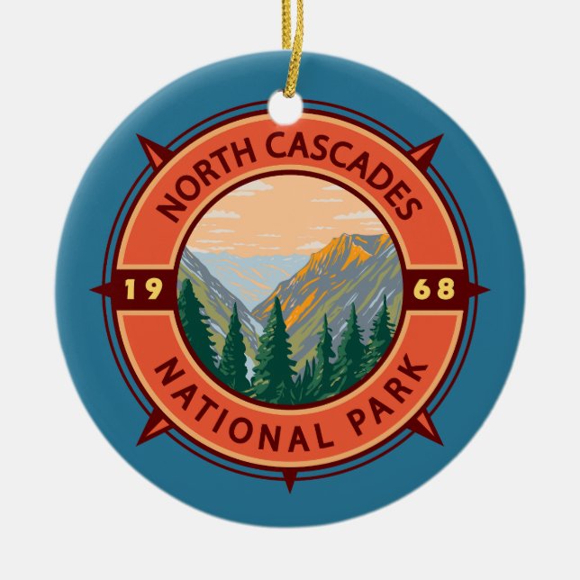North Cascades National Park Retro Compass Emblem Julgransprydnad Keramik (Framsidan)