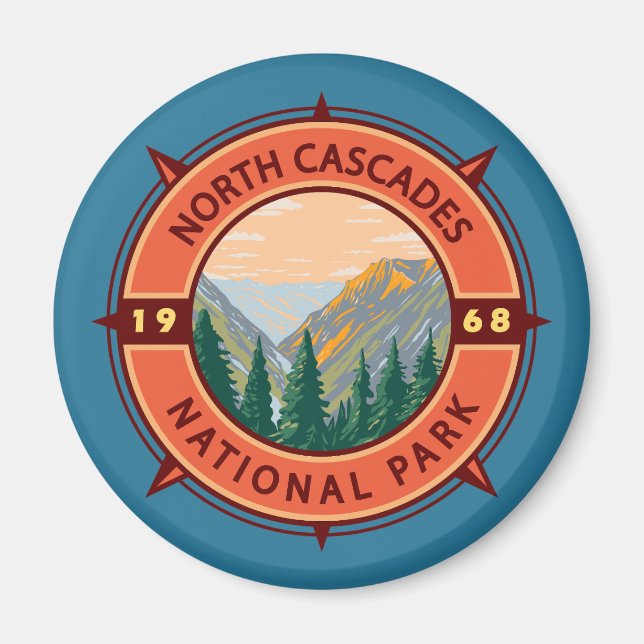 North Cascades National Park Retro Compass Emblem Magnet (Framsidan)