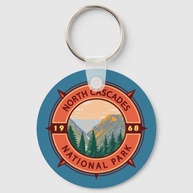 North Cascades National Park Retro Compass Emblem Nyckelring (Framsida)