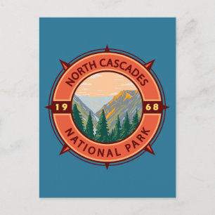 North Cascades National Park Retro Compass Emblem Vykort