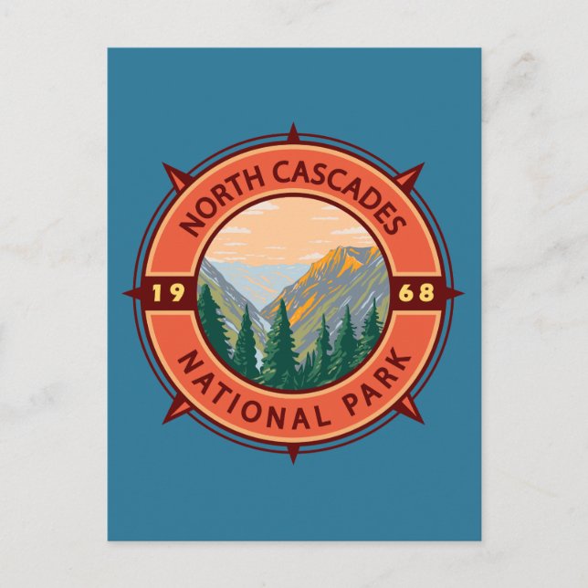North Cascades National Park Retro Compass Emblem Vykort (Framsida)