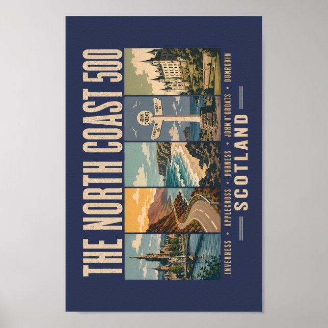 North Coast 500 Scotland Landmarks Illustration Poster (Framsidan)