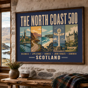 North Coast 500 Skottland Landmärken Illustration Poster