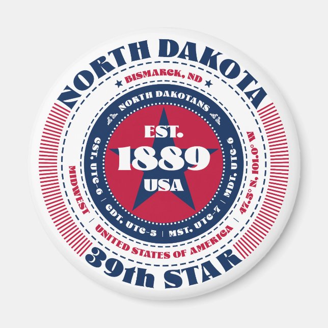 North Dakota Circle Typography Souvenir Magnet (Framsidan)