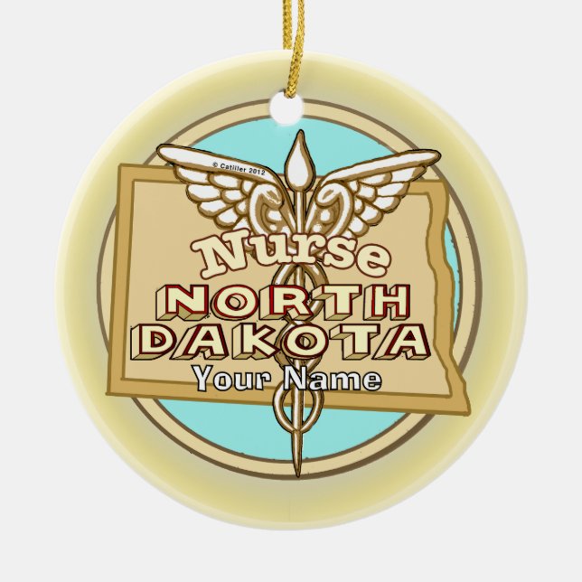 North Dakota Nurse Caduceus  Julgransprydnad Keramik (Framsidan)