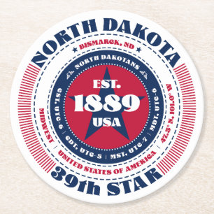 North Dakota Rött vitt blått Typography Underlägg Papper Rund