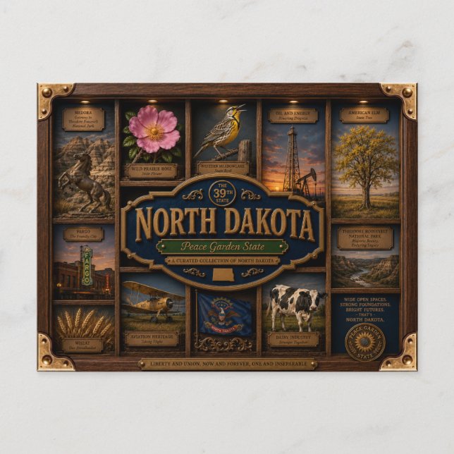 North Dakota Shadow Box 3D Figurin Delstat Vykort (Framsida)