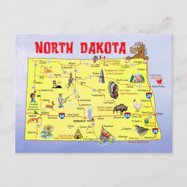 North Dakota State Karta Vykort (Framsida)