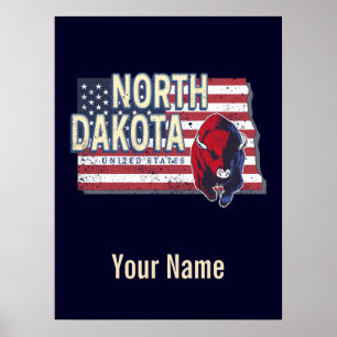 North Dakota State United Stater Retro Karta Vinta Poster