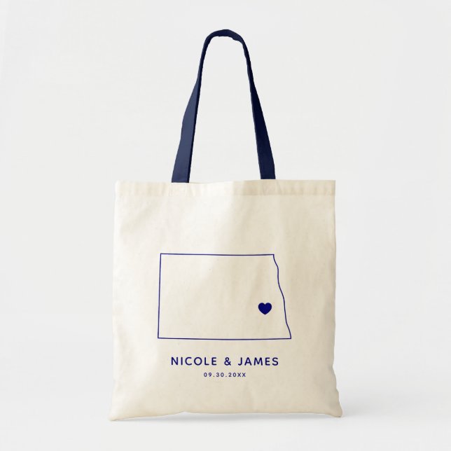 North Dakota Wedding Welcome Bag Map Tote, Navy Tygkasse (Framsidan)