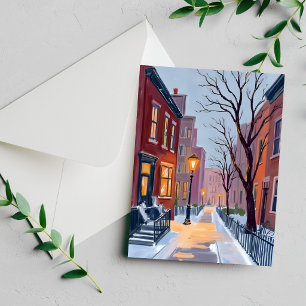 North End Vinter Boston Akvarell Målning Kort