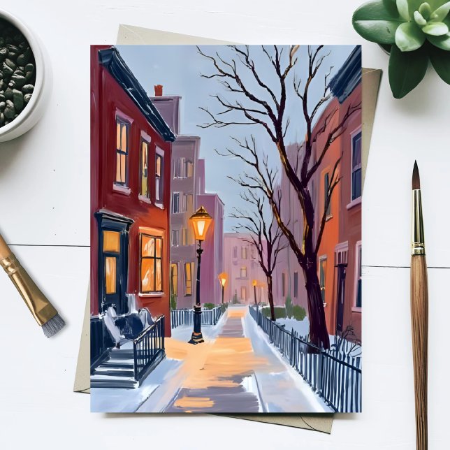 North End Vinter Boston Akvarellmålning Vykort (Skapare uppladdad)