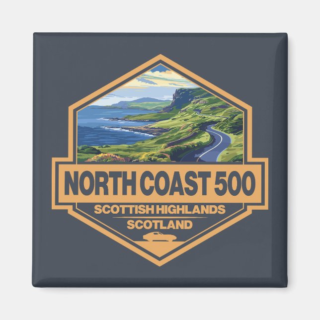 North Kusten 500 Scotland Travel Art Badge Magnet (Framsidan)