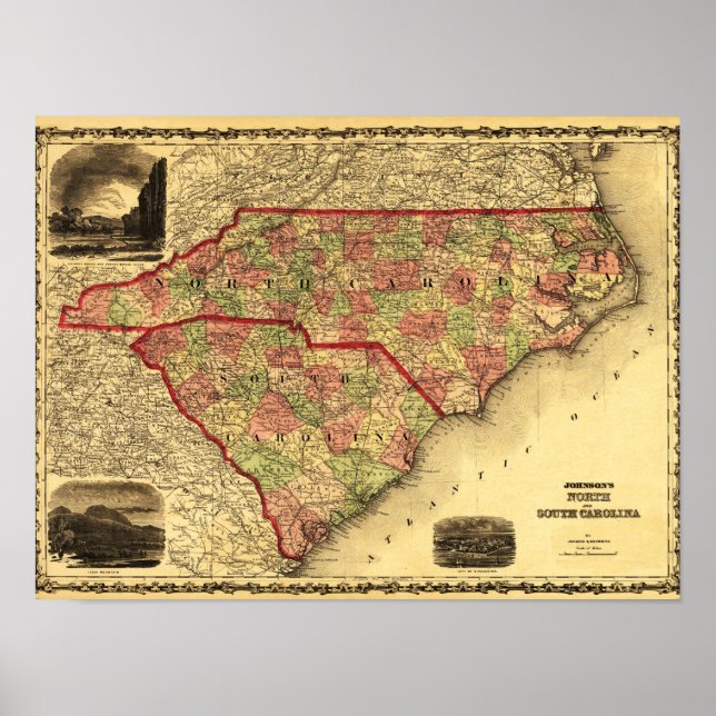 North och South CarolinaPanoramic Karta Poster (Framsidan)
