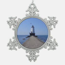 North Pierhead Lighthouse, Ludington, MI Snöflinga Pewter Julgransprydnad