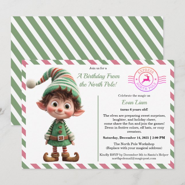 North Pole Birthday Magic | Enchanted Elf Inbjudningar (Fram/baksida)