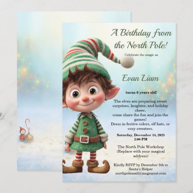 North Pole Birthday Magic | Enchanted Elf Inbjudningar (Fram/baksida)