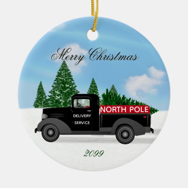 North Pole Delivery Lastbil - Keramisk jul Julgransprydnad Keramik (Framsidan)
