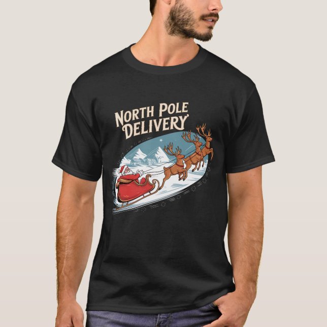 North Pole Delivery Scene med Santa and Reindeer T Shirt (Framsida)