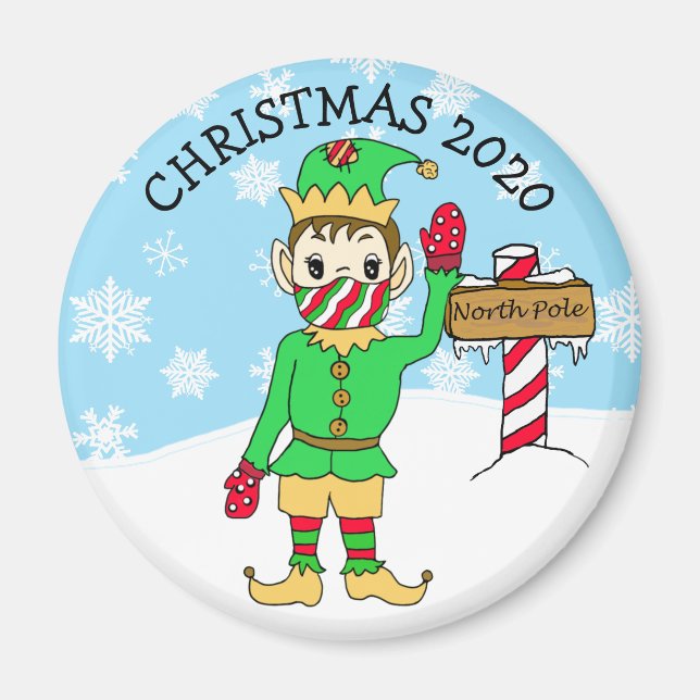 North Pole Elf i Facemask 2020 Keepsaké Magnet (Framsidan)