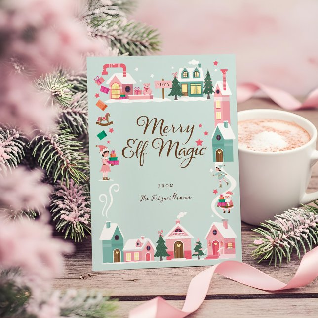 North Pole Elf Workshop Jultomten Rosa Village Julkort (North Pole Elf Workshop Santa Claus Pink Village Holiday Card)