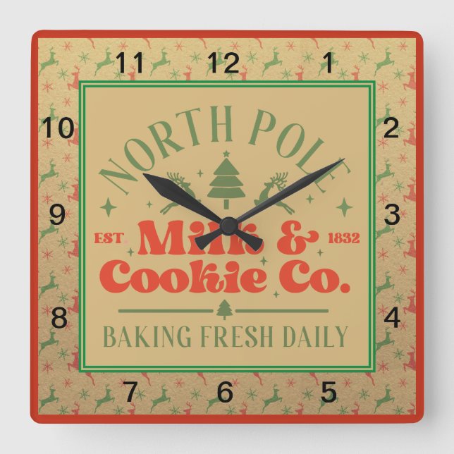 North Pole Mjölk och Cookie Co. Fyrkantig Klocka (Framsida)