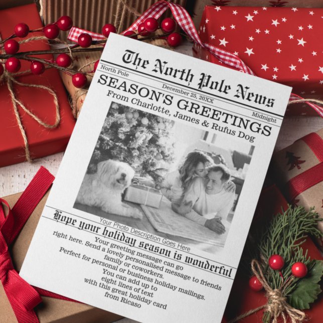 North Pole News-Personligen Julkort (North Pole News Christmas Newspaper Personalized Holiday Card by Ricaso. Novelty fun holiday cards)
