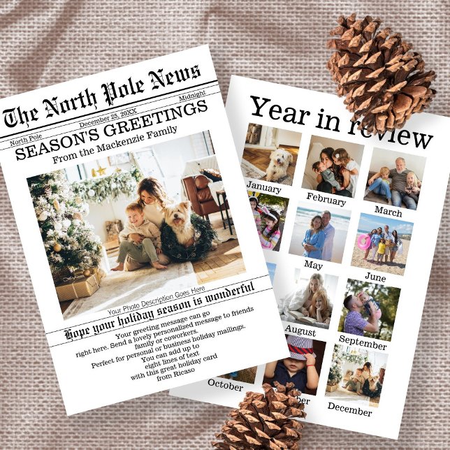North Pole News-Personligen Julkort (North Pole News Christmas Newspaper Personalized Holiday Card with year in review 13 photos. Ricaso)