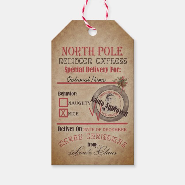 North Pole Reindeer Express Naughty eller Nice San Presentetikett (Framsidan)
