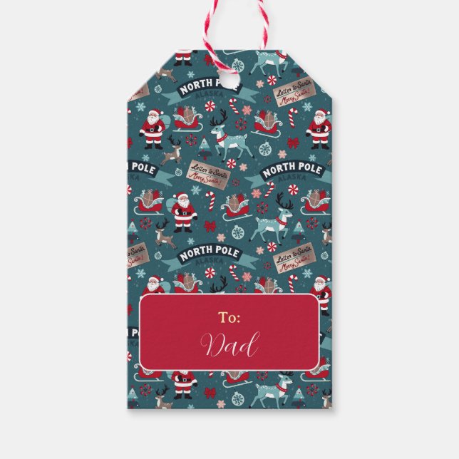 North Pole Santa and Reindeer Festive Presentetikett (Framsidan)