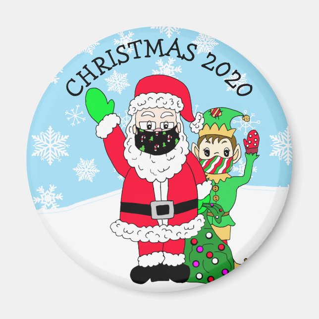 North Pole Santa och Elf i Facemask 2020 Keepsaké Magnet (Framsidan)