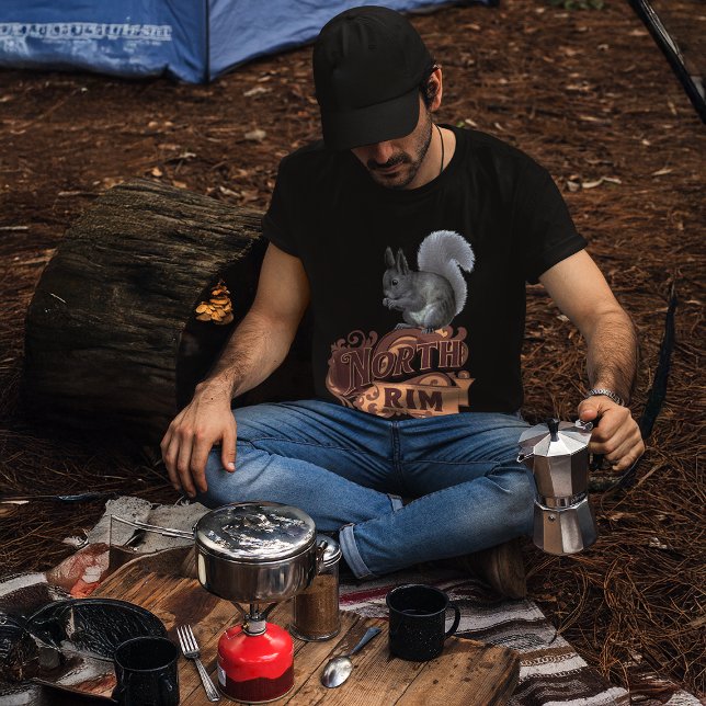 North Rim Lodge Kaibab Squirrel T Shirt (young man setting up breakfast at woodland forest tent camp Grand Canyon North Rim Kaibab Squirrel)