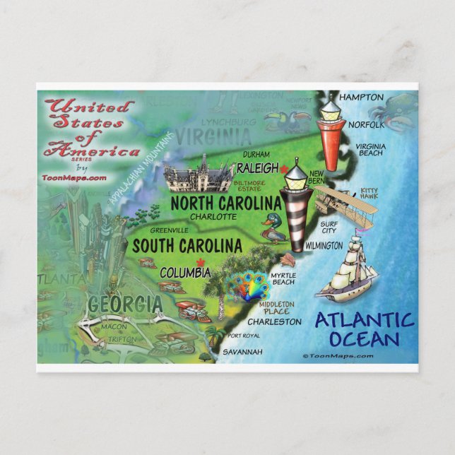North South Carolina USA-kort Vykort (Framsida)