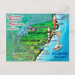 North South Carolina USA-kort Vykort