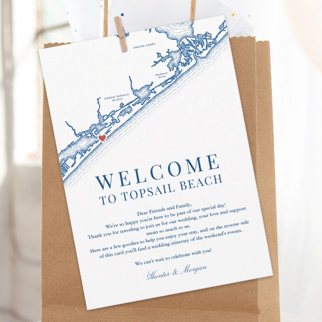 North Topsail Beach Bröllops välkomstbrev Navy Tack Kort (North Topsail Beach NC Map Wedding Welcome Letter Schedule of Events in Elegant Navy Blue
)