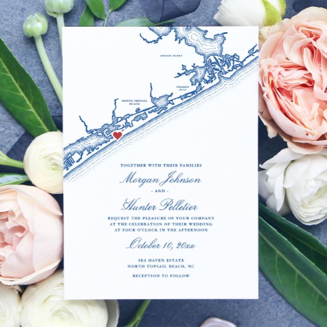 North Topsail Beach Karta Elegant Marinblå Bröllop Inbjudningar (North Topsail Beach NC Wedding Invitationin Elegant Navy Blue from Coastal Map Designs)