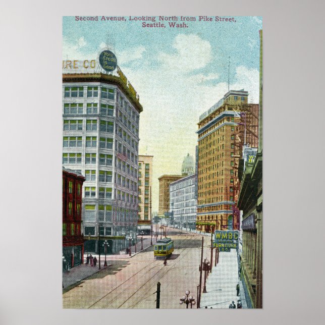 North View of Second Ave från Pike Street Poster (Framsidan)