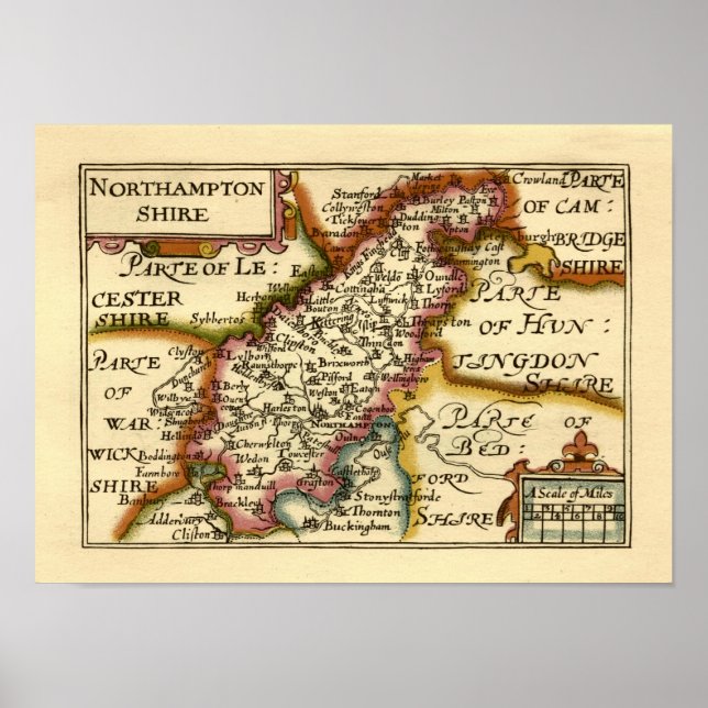 Northamptonshire County England Antiquarian Karta Poster (Framsidan)