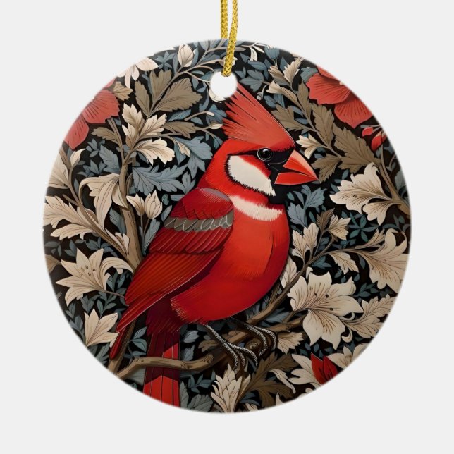 Northern Cardinal Bird William Morris Inspired Julgransprydnad Keramik (Framsidan)