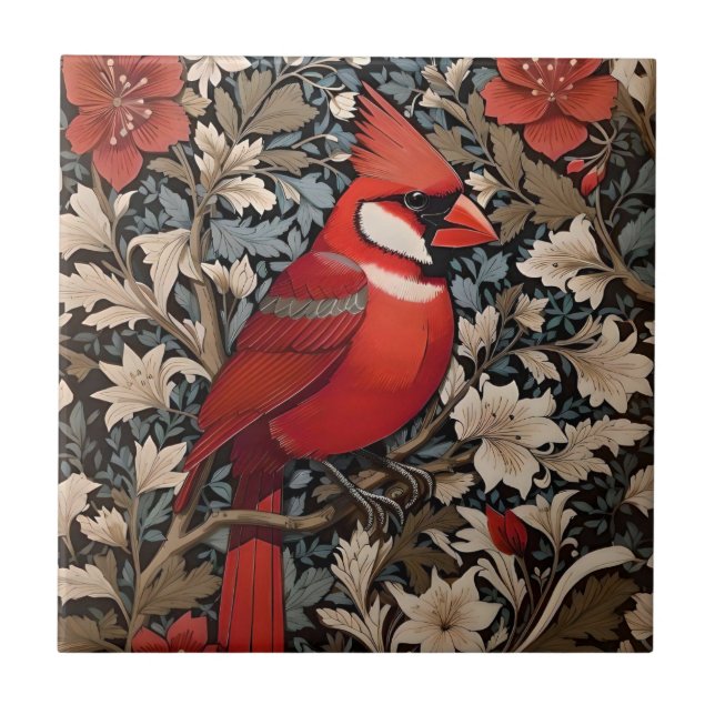 Northern Cardinal Bird William Morris Inspired Kakelplatta (Framsidan)