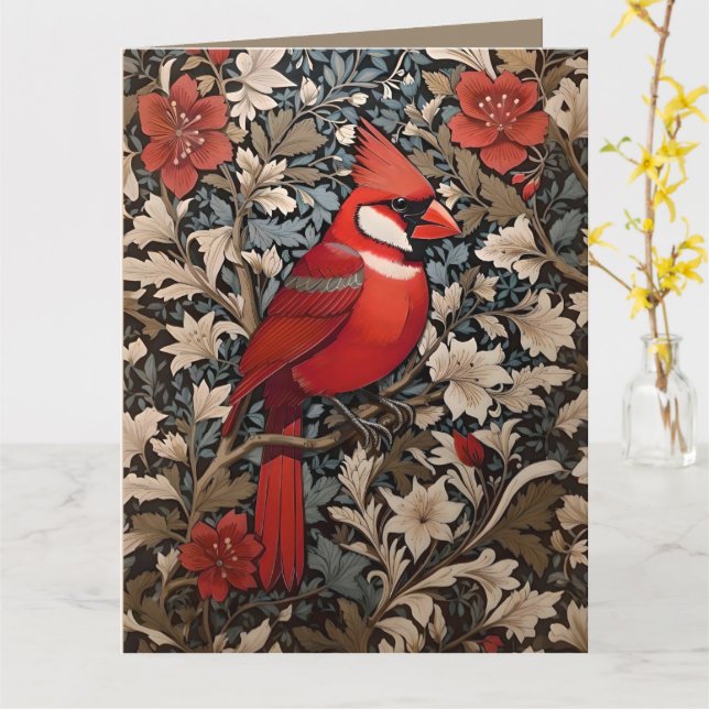 Northern Cardinal Bird William Morris Inspired Kort (Gul blomma)
